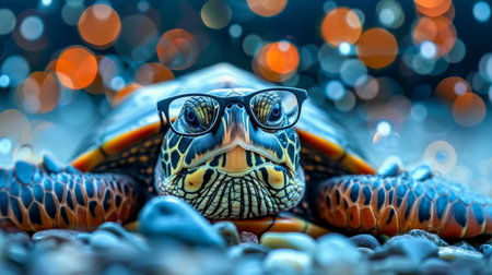 Stylish green turtle with glasses in studio background, charming and captivating.の素材
