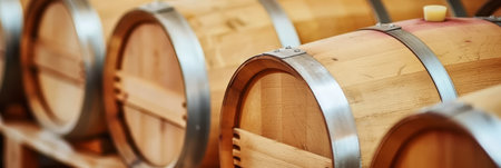 Refined wine cellar with wooden barrels, showcasing winemaking art in an industrial setting.の素材