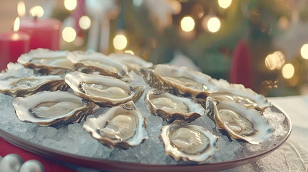 Exquisitely presented oysters dish, high resolution hyper realistic top view close up photographyの素材