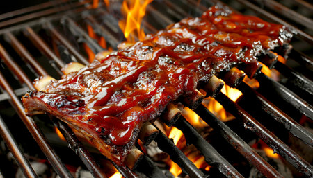 Succulent american bbq ribs grilling on charcoal with rising smoke, ideal for mouthwatering cookout.の素材