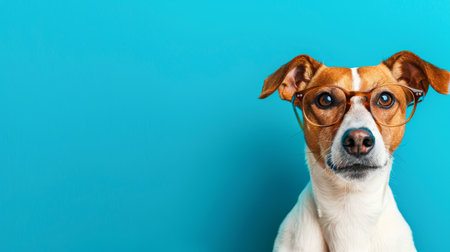 Stylish puppy with glasses in studio setting, perfect for custom text placement opportunitiesの素材
