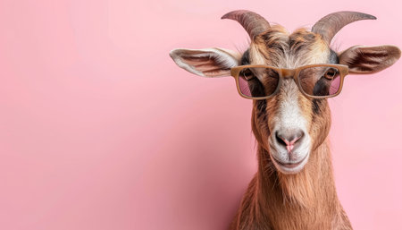 Sunglasses wearing goat on pastel background, space for text, playful and humorous animal conceptの素材