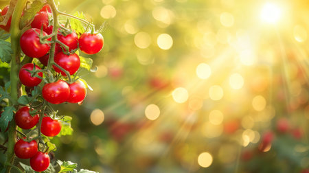 Organic agriculture concept  ripe red tomatoes growing on a bush in a greenhouse with space for textの素材