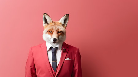 Fox in suit working in corporate workplace, studio shot on plain wall with copy space for text.の素材