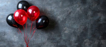 Black friday sale ad with red and black balloons, dark background, space for text, shopping conceptの素材