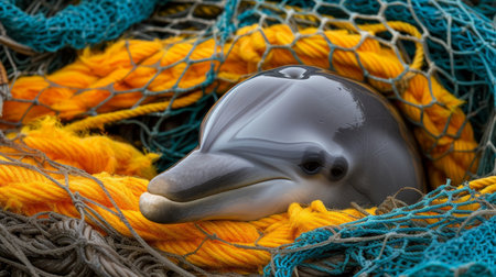 Dolphin caught in fishing net emphasizes the detrimental impact of human waste on marine ecosystemの素材