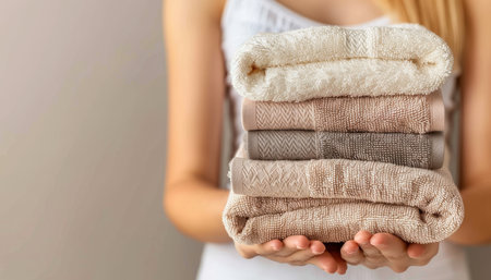 Professional chambermaid placing stack of fresh towels in hotel room with text spaceの素材