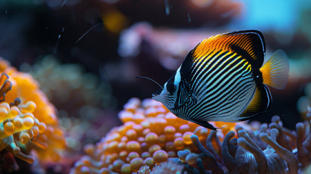 Vibrant clownfish and colorful corals in a saltwater tank create a captivating underwater scene.の素材