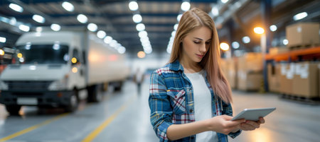Female manager at warehouse, worker loading delivery truck with cardboard boxes using tablet.の素材