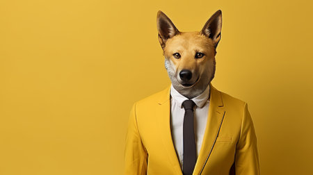 Anthropomorphic dog in formal business suit at corporate workplace with copy spaceの素材