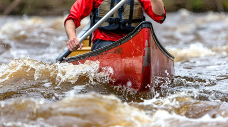Skilled canoeist maneuvering through challenging rapids with strength and precisionの素材