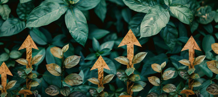 Green grass arrows depict eco friendly progress and sustainable environmental growth trends.の素材