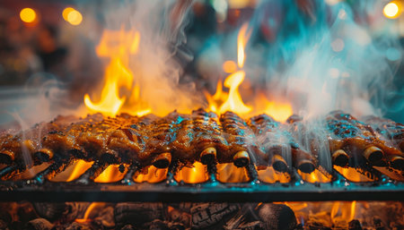 Sizzling american bbq ribs on grill with smoke rising from juicy meat over natural charcoal fireの素材