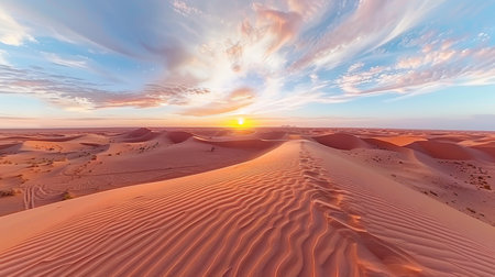 Majestic sahara desert panorama at sunset with golden sand dunes   captivating banner imageの素材