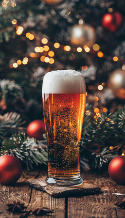 Frothy beer glass closeup with warm bokeh lights, ideal for text placement in a cozy setting.の素材
