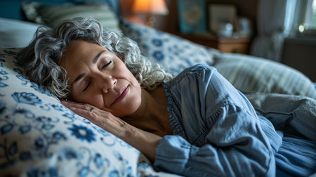 Senior woman sleeping peacefully in a white bed at home, ideal for text placement.の素材
