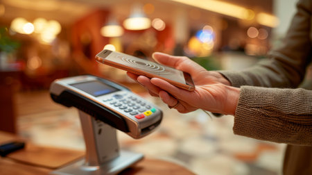 Close up of hand making contactless payment with smartphone at terminal for transactionの素材