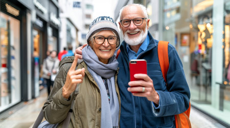 Joyful european elderly couple taking selfie on vacation with blurred downtown backgroundの素材