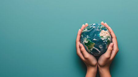 Caring hands cradle mini earth on blue background, symbolizing responsibility for our planet.の素材