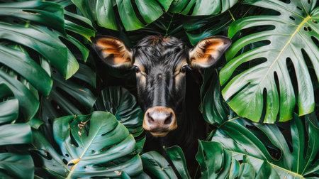 Majestic yak observing the surroundings amidst the dense and dark tropical jungle foliageの素材
