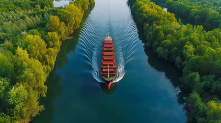Aerial view of container cargo ship in a canal, industrial transportation and logistic conceptの素材