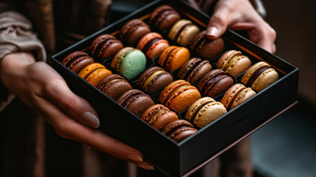 Close up of hand holding colorful macarons box, sweet french dessert treats displayedの素材