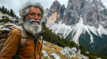 Cheerful senior man with a beaming smile enjoying a refreshing hike on the majestic mountainsideの素材