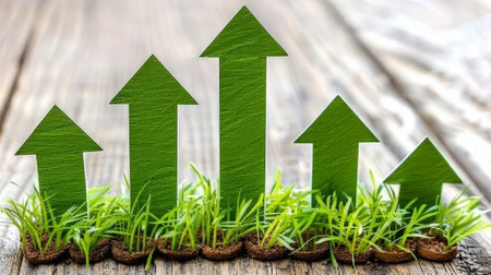 Eco friendly green grass arrows for sustainable progress and positive environmental growth trends.の素材