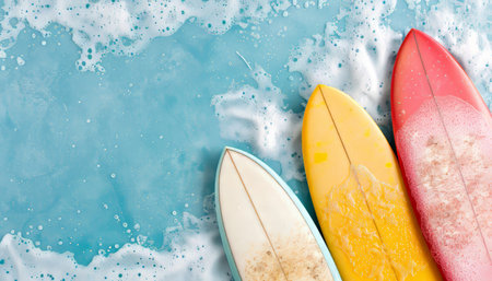 Vibrant surfboards on sunny beach by the sea, waves rolling in, perfect for text placement.の素材
