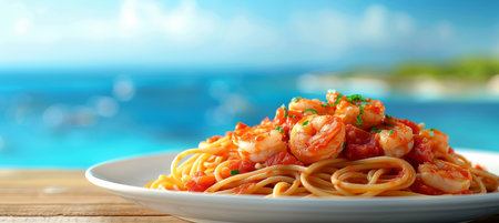 Delicious pasta with seafood shrimps on blurred restaurant background, copy space for textの素材