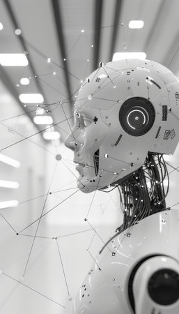 Futuristic white robot with digital network connections in 3d rendering and space for text placementの素材