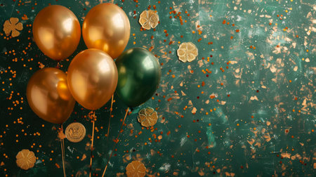 Stpatrick s day card with irish balloons, clover, gold coins on green background, text space.の素材