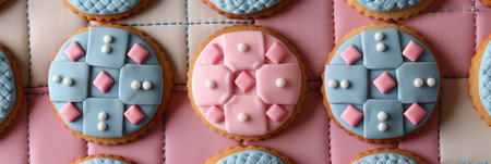 Colorful vintage quilt pattern cookies with blue and pink icing on multi colored dough backgroundの素材