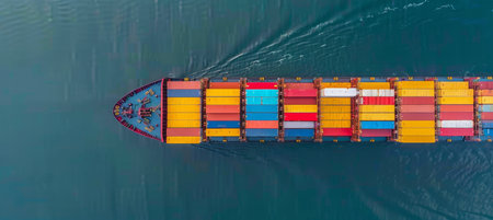 Aerial view of container cargo ship on sea, industrial vessel transportation on ocean waters.の素材