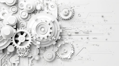 3d white gear wheel on circuit board for futuristic technology concept with space for content.の素材