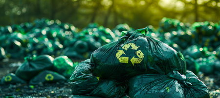 Eco friendly biodegradable plastic bags with universal recycling symbol for sustainable living.の素材