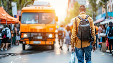 Vibrant food truck at city food festival with selective focus, capturing colorful details.の素材