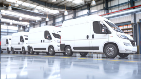 Brand new white vans in parking lot, ready for work with blurred warehouse background and text spaceの素材