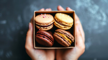 Colorful macarons in a box held by a hand with a soft background, vibrant and elegant display.の素材