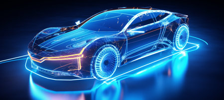 Futuristic electric car with holographic wireframe technology on white backgroundの素材