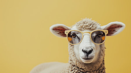 Funny sheep wearing sunglasses on pastel color background with copy space for text placementの素材