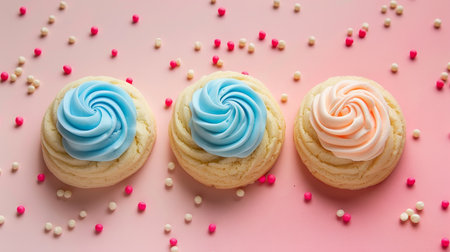 Assorted cookies with vintage quilt pattern icing in blue and pink on colorful dough backgroundの素材
