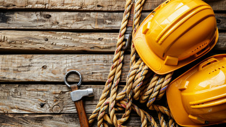 Adventure climbing gear set with helmet, hammer, carabiner on wooden background, space for text.の素材