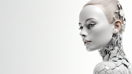 Futuristic white ai humanoid robot portrait with copy space, concept for future innovationの素材