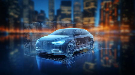 Businessman interacting with futuristic smart car holographic interface   3d renderの素材