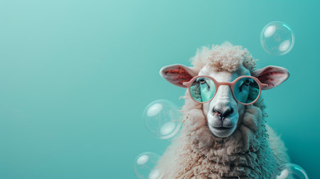 Sheep in stylish sunglasses on pastel background with space for text customization.の素材