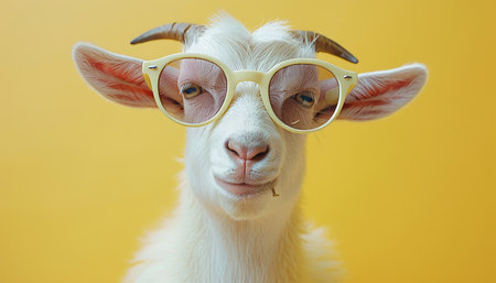 Stylish goat wearing trendy sunglasses on pastel backdrop with room for text placement.の素材
