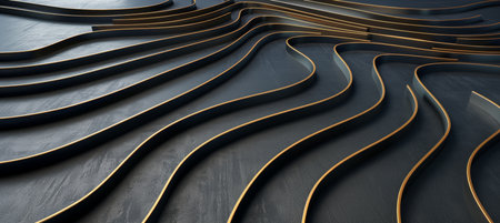 Vibrant 3d abstract background in black and gold colors with bright illuminationの素材