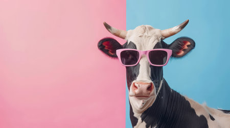 Whimsical cow in sunglasses against pastel studio backdrop for a fun and playful vibe.の素材
