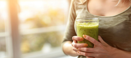 Cheerful woman holding a detox smoothie on a blurred background, with space for text placementの素材